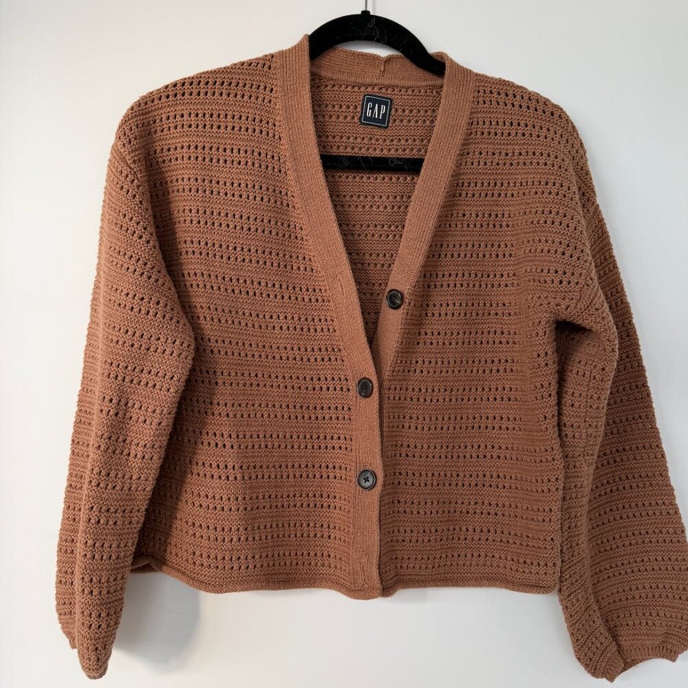 GAP Open-Knit Button Front Cardigan in Rust Brown